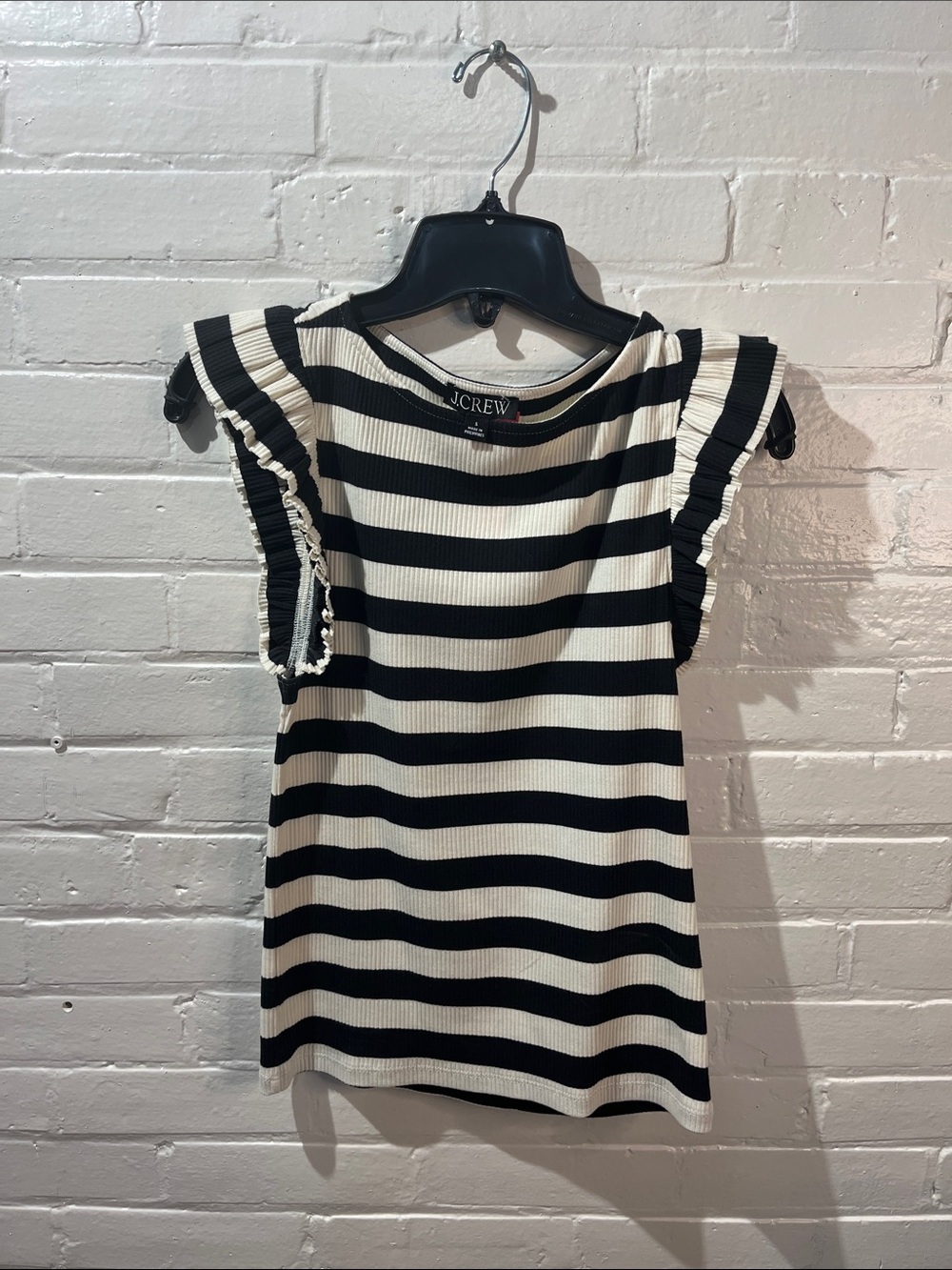 J. Crew Black and Cream Striped Ruffle Sleeve Top